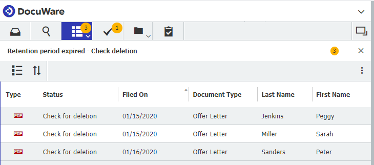 Workflow Manager: List of documents now due for deletion since their retention period has expired
